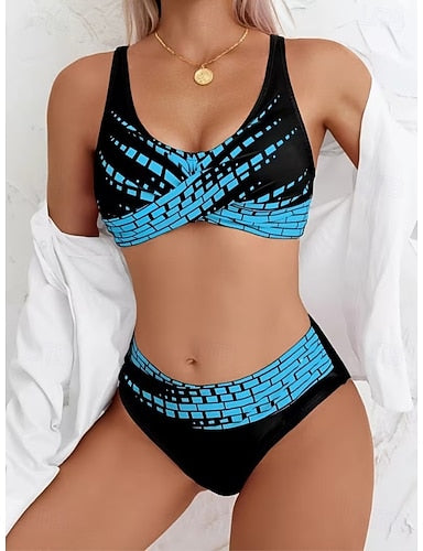 Bikini 2 Piece Swimsuit High Waist Stylish Graphic Striped V Neck Sleeveless Bathing Suits