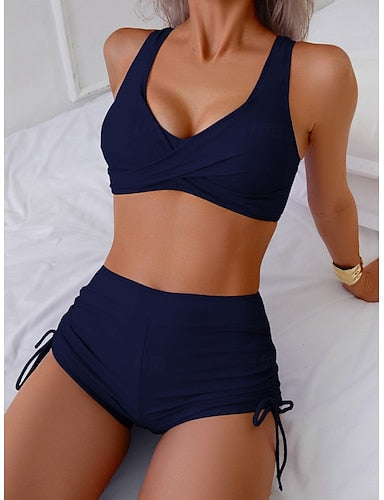 Bikini 2 Piece Swimsuit Briefs Slim Backless Vacation Beach Wear Color V Neck Sleeveless Bathing Suits