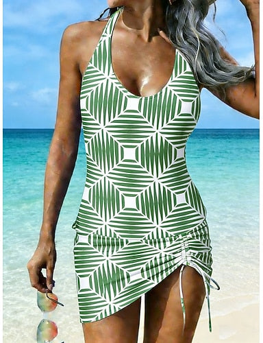 Swimwear Tankini 2 Piece Skirt Swimsuit Drawstring Halter Vacation Scoop Neck Sleeveless Bathing Suits
