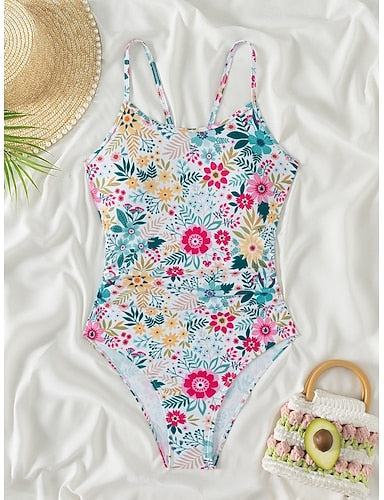 One Piece Swimsuit Slimming Palm Monokini Tummy Control High Waist Slim Backless Vacation Beach Wear Round Neck Sleeveless Bathing Suits