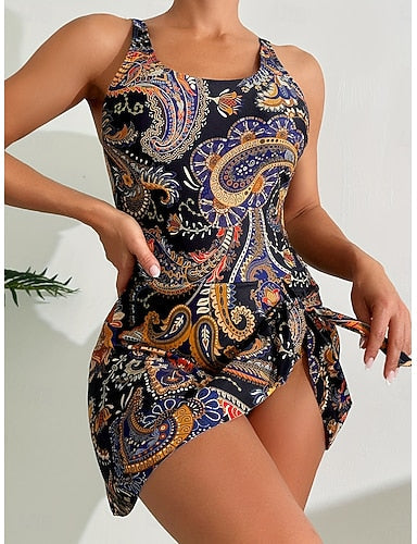 One Piece Swimsuit With Skirt Monokini High Cut Tummy Control High Waist Slim Backless Vacation Graphic Paisley U Neck Sleeveless Bathing Suits