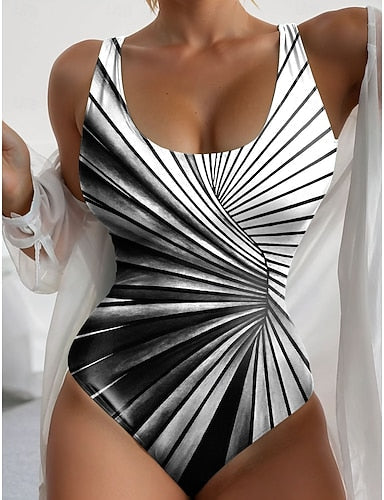 One Piece Swimsuit Slimming Colorblock Monokini High Cut Tummy Control High Waist Slim Backless Vacation Ombre Graphic Round Neck Sleeveless Bathing Suits