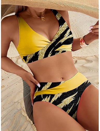 Swimwear Bikini Cheeky Swimsuit Vacation Graphic Striped V Neck Sleeveless Bathing Suits