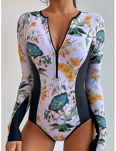 Swimwear One Piece Monokini Swimsuit Tummy Control High Waist Slim Vacation Beach Wear Round Neck Long Sleeve Bathing Suits