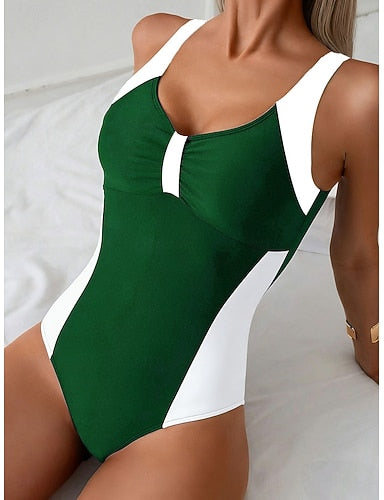 Swimwear One Piece Monokini Briefs Swimsuit Tummy Control High Waist Slim Backless Vacation Color Graphic U Neck Sleeveless Bathing Suits