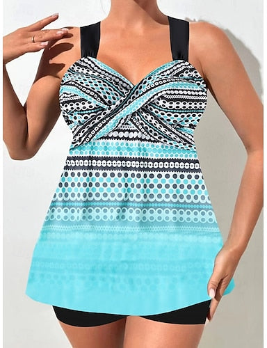 Tankini 2 Piece Swimsuit Shorts Tummy Control High Waist Slim Backless Vacation Beach Wear Ombre Graphic V Neck Sleeveless Bathing Suits