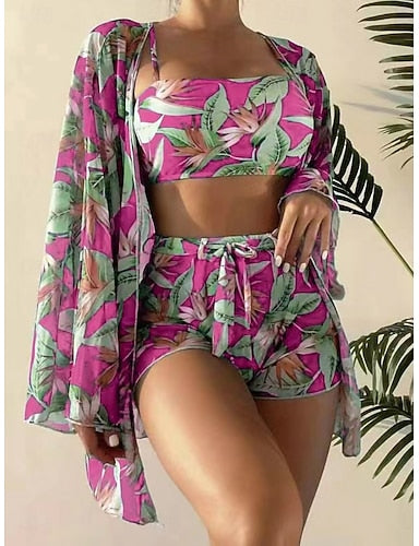 Bikini 3 Piece Swimsuit Palm Shorts Slim Backless Vacation Beach Wear Leaves V Neck Sleeveless Bathing Suits