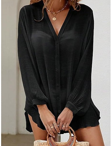 Mini Dress White Dress Beach Dress Black Dress Cover Up Classic Daily Outdoor Beach Loose Fit Plain Long Sleeve V Neck Black White Summer Spring