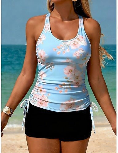 Swimwear Tankini 2 Piece High Waist Swimsuit Tummy Control High Waist Slim Backless Vacation Beach Wear U Neck Sleeveless Bathing Suits