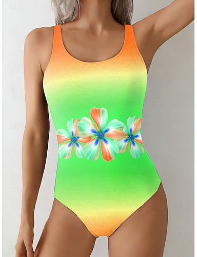 Swimwear One Piece Briefs Swimsuit Vacation Ombre Round Neck Sleeveless Bathing Suits