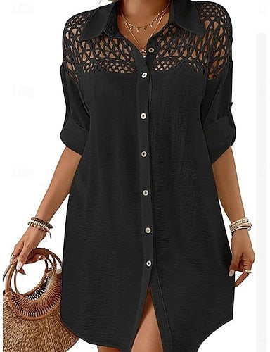 Mini Dress White Dress Beach Dress Black Dress Shirt Dress Classic Daily Outdoor Beach Loose Fit Plain Long Sleeve Shirt Collar Black White Summer Spring