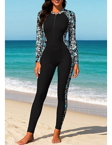 Rash Guard Full Body Rash Guard One Piece Surfing Suit Tropical Color-blocking Zip Up With Built in Bra Front Zip Uv Sun Protection Full Coverage Upf50+ Long Sleeve Full Body Swimwear