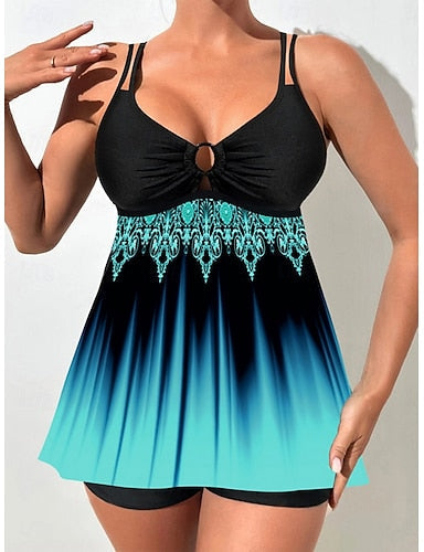 Tankini 2 Piece Swimsuit Shorts Tummy Control High Waist Slim Backless Vacation Beach Wear Ombre Color Block V Neck Sleeveless Bathing Suits