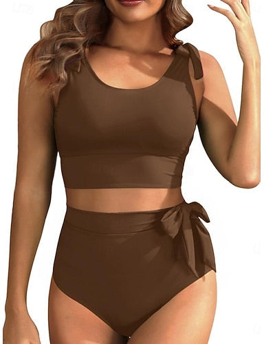 Bikini 2 Piece Swimsuit Briefs Slim Backless Vacation Beach Wear Color U Neck Sleeveless Bathing Suits