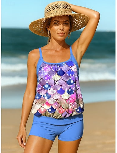 Tankini 2 Piece Swimsuit Briefs Active Vacation Ombre Graphic U Neck Sleeveless Bathing Suits