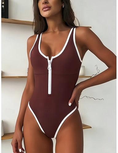 Swimwear One Piece Monokini Swimsuit Slim Front Zip Backless Vacation Beach Wear Color Scoop Neck Sleeveless Bathing Suits