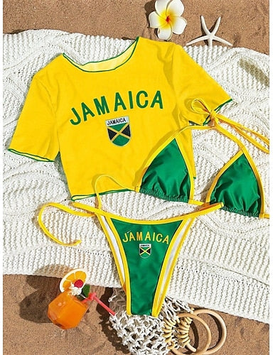 Swimwear Bikini Three Piece Thong Swimsuit Slim Backless Vacation Beach Wear Letter Round Neck Sleeveless Short Sleeves Bathing Suits