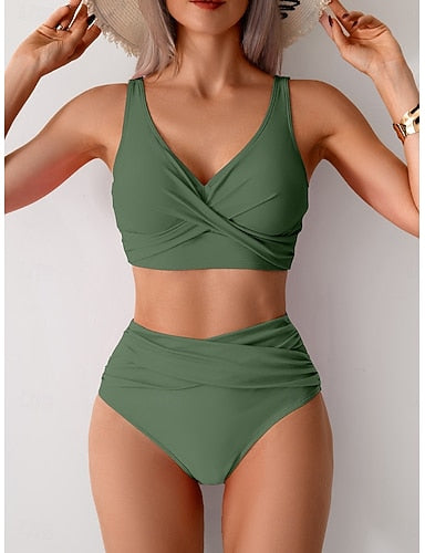 Swimwear Bikini 2 Piece Swimsuit Ruched Backless Vacation Beach Wear Plain V Neck Sleeveless Bathing Suits