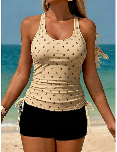 Swimwear Tankini 2 Piece High Waist Swimsuit Tummy Control High Waist Slim Backless Vacation Beach Wear U Neck Sleeveless Bathing Suits