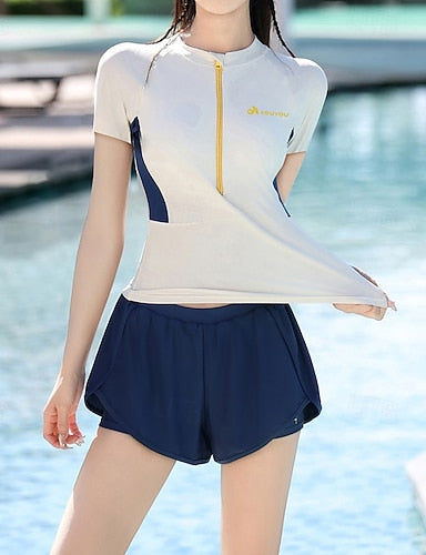 2 Piece Rash Guard Swim Shirt Swimwear Swimwear White Blue Upf 50+ Tummy Control Surfing Canoeing Snorkeling Summer