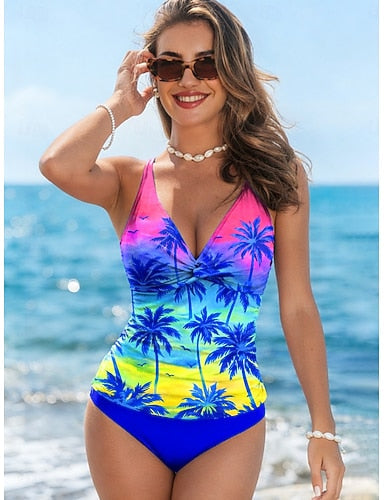 Swimwear Tankini 2 Piece Shorts Swimsuit Backless Vacation Tropical Graphic Tropical V Neck Sleeveless Bathing Suits