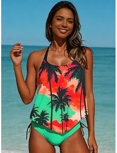 Swimwear Tankini 2 Piece Briefs Swimsuit Backless Vacation Beach Wear Ombre Graphic Halter Neck Sleeveless Bathing Suits