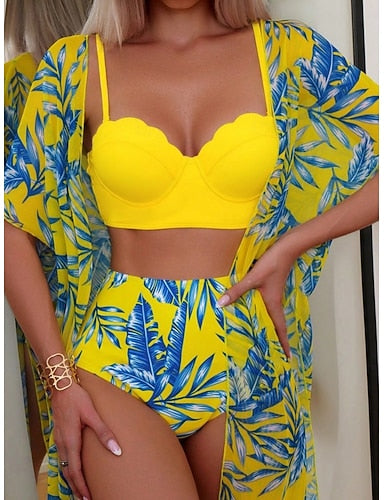 Bikini 3 Piece Swimsuit Palm Briefs Slim Backless Vacation Beach Wear Leaves V Neck Sleeveless Bathing Suits