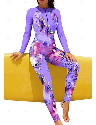Regular Rash Guard Full Body Rash Guard Bathing Suit Leopard Ocean With Built in Bra Front Zip Uv Sun Protection Full Coverage Upf50+ Long Sleeve Full Body Swimwear Surfing Canoeing Beach