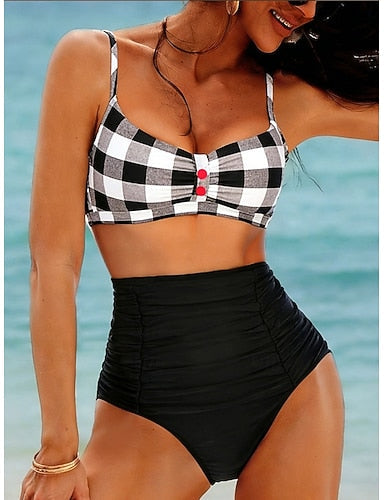 Swimwear Bikini 2 Piece High Waist Swimsuit Slim Backless Vacation Plaid Halter Neck Sleeveless Bathing Suits