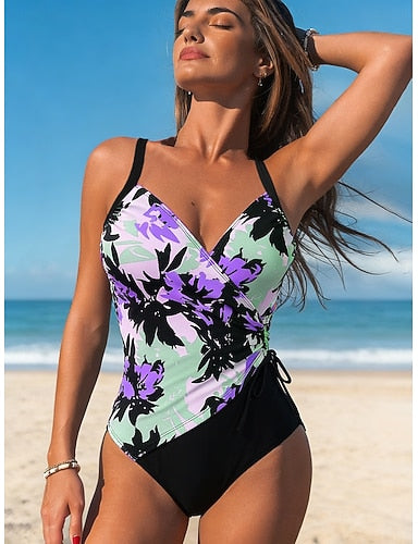 One Piece Swimsuit Slimming Ruched Underwire Briefs Vacation Graphic V Neck Sleeveless Bathing Suits