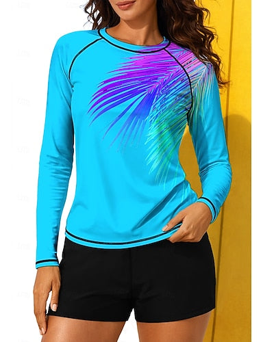 Regular Rash Guard Swimsuit Rash Guard Print Swimsuit Tropical Color-blocking 2 Piece Removable Pad Boyleg Uv Sun Protection Upf50+ Uv Protection Long Sleeve Swimwear Sun Shirt