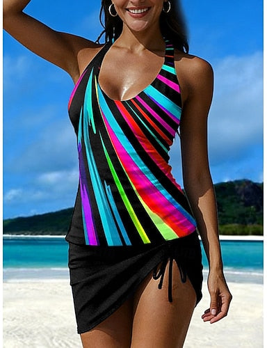Swimwear Tankini Skirt Swimsuit Vacation Graphic Geometric Halter Neck Sleeveless Bathing Suits