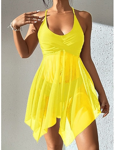 Tankini 2 Piece Swimsuit Cutout Underwire Cheeky Tummy Control High Waist Slim Backless Vacation Beach Wear Color Halter Neck Sleeveless Bathing Suits