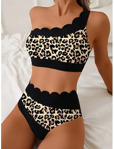 Bikini 2 Piece Swimsuit One Shoulder Colorblock Cheeky Tummy Control High Waist Slim Backless Vacation Beach Wear Color V Neck Sleeveless Bathing Suits